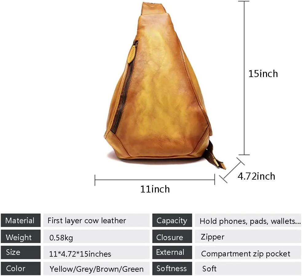 Genuine Leather Sling Bag for Women Men Vintage Handmade Chest Backpack Casual Crossbody Daypack Shoulder Satchel Yellow
