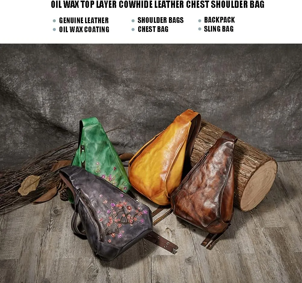 Genuine Leather Sling Bag for Women Men Vintage Handmade Chest Backpack Casual Crossbody Daypack Shoulder Satchel Yellow