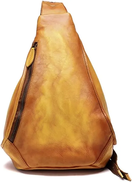 Genuine Leather Sling Bag for Women Men Vintage Handmade Chest Backpack Casual Crossbody Daypack Shoulder Satchel Yellow