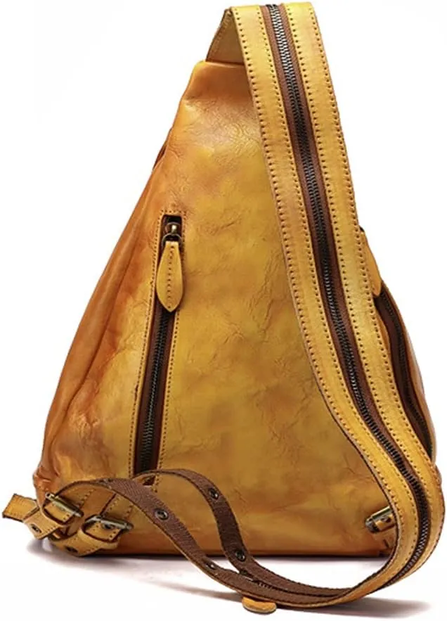 Genuine Leather Sling Bag for Women Men Vintage Handmade Chest Backpack Casual Crossbody Daypack Shoulder Satchel Yellow