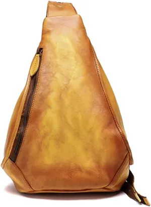 Genuine Leather Sling Bag for Women Men Vintage Handmade Chest Backpack Casual Crossbody Daypack Shoulder Satchel Yellow