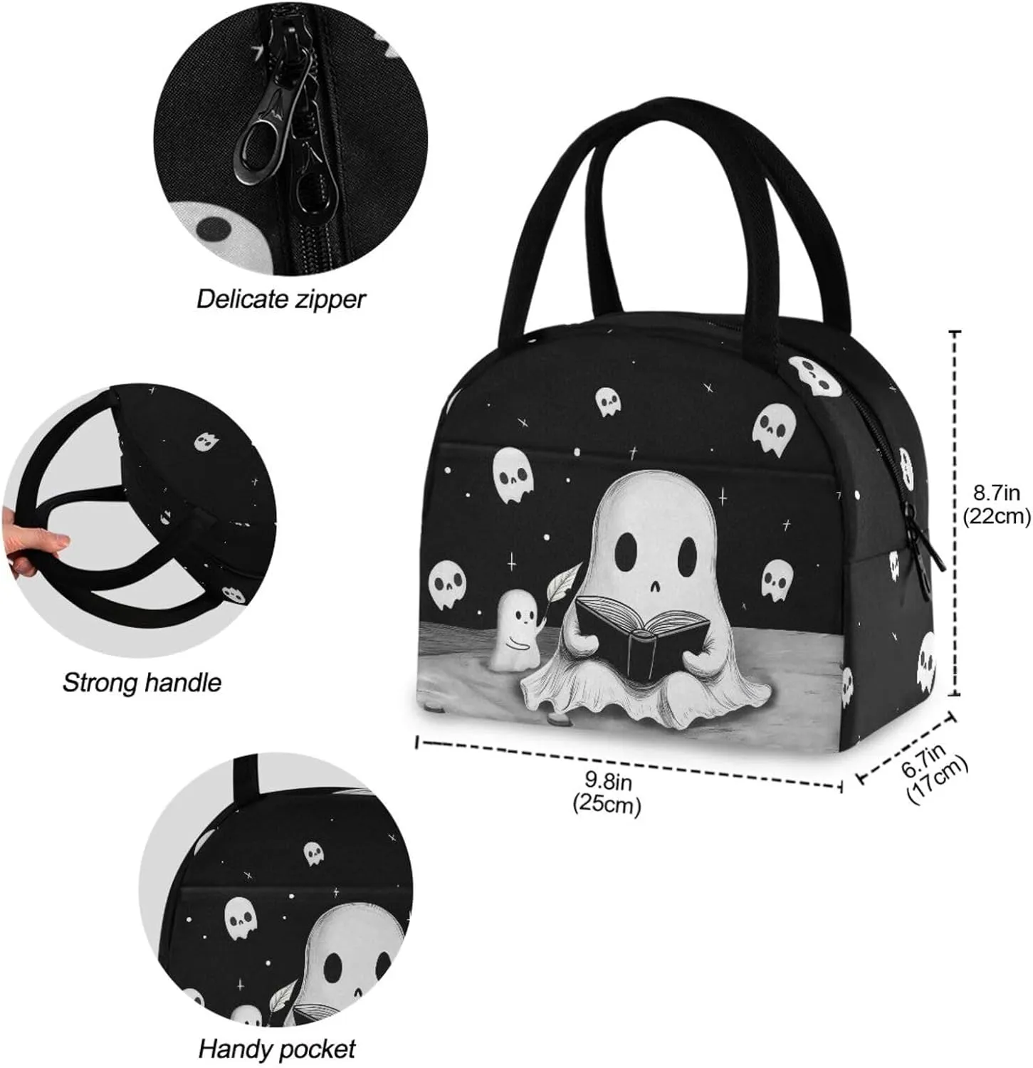 Ghost Lunch Bag for Women Men Reusable Insulated Lunch Tote Bag for Office Work School Picnic Hiking