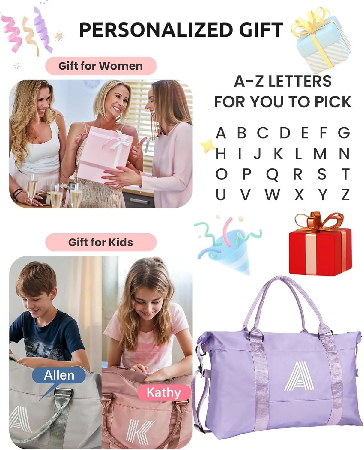 Gift Ideas for Teen Girls, Birthday Gift, Initial Travel Bag, Girl Bag, Personalized Weekender Bag, Monogram Overnight Bag Gift for Her (Letter E)