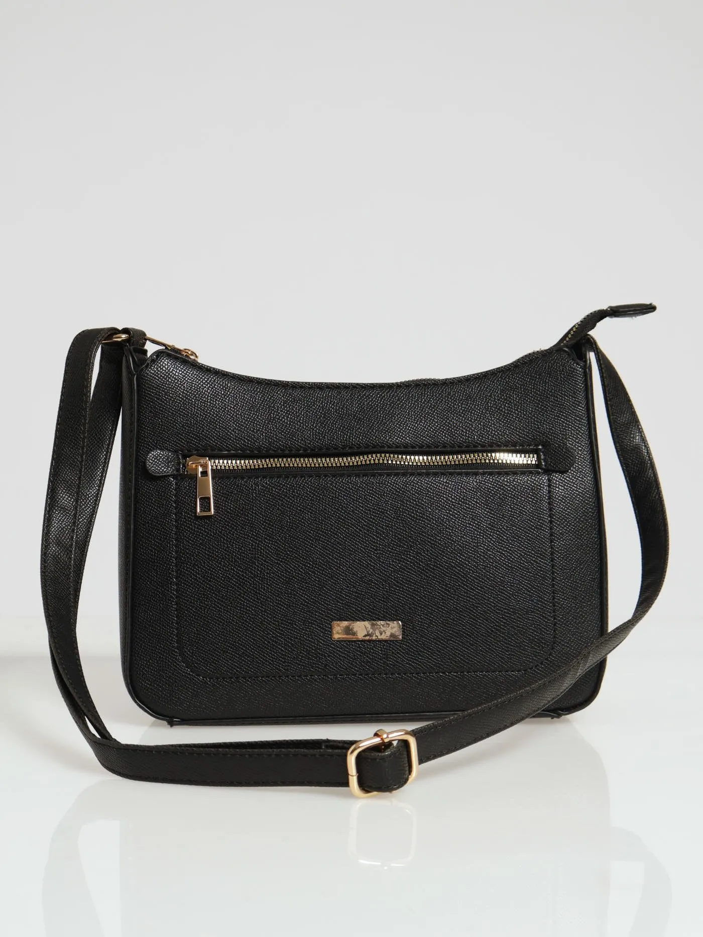 Gold Front Zip Crossbody Bag - Black