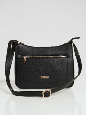 Gold Front Zip Crossbody Bag - Black