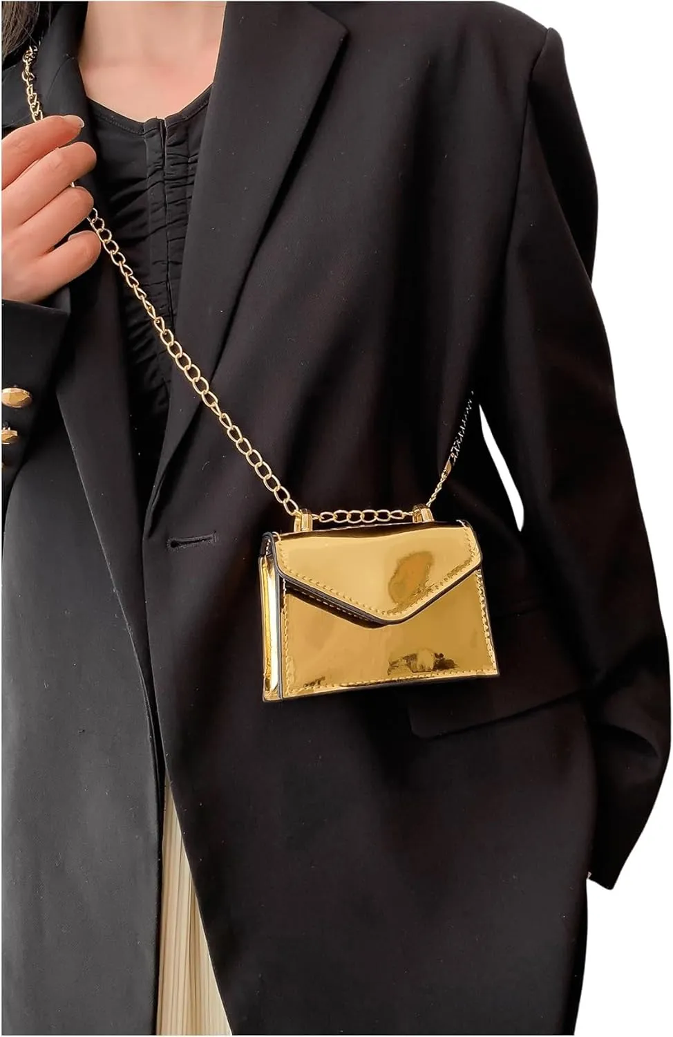 GORGLITTER Women's Metallic Crossbody Bags Adjustable Chain Strap Handbags Shoulder Bag Flap mini Square Bag