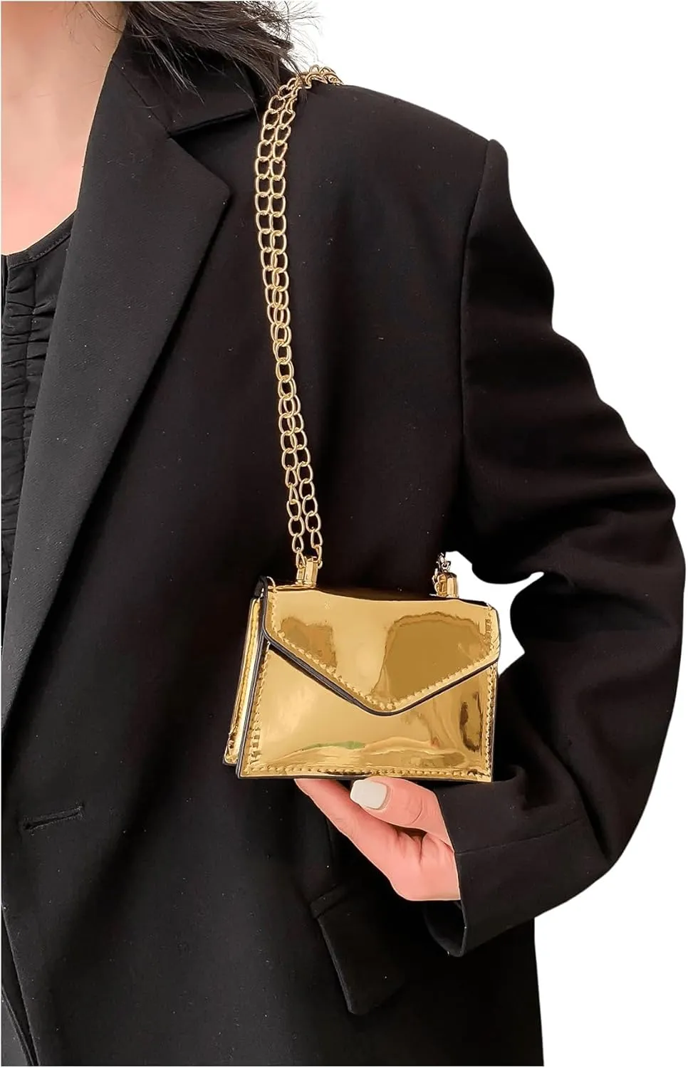 GORGLITTER Women's Metallic Crossbody Bags Adjustable Chain Strap Handbags Shoulder Bag Flap mini Square Bag