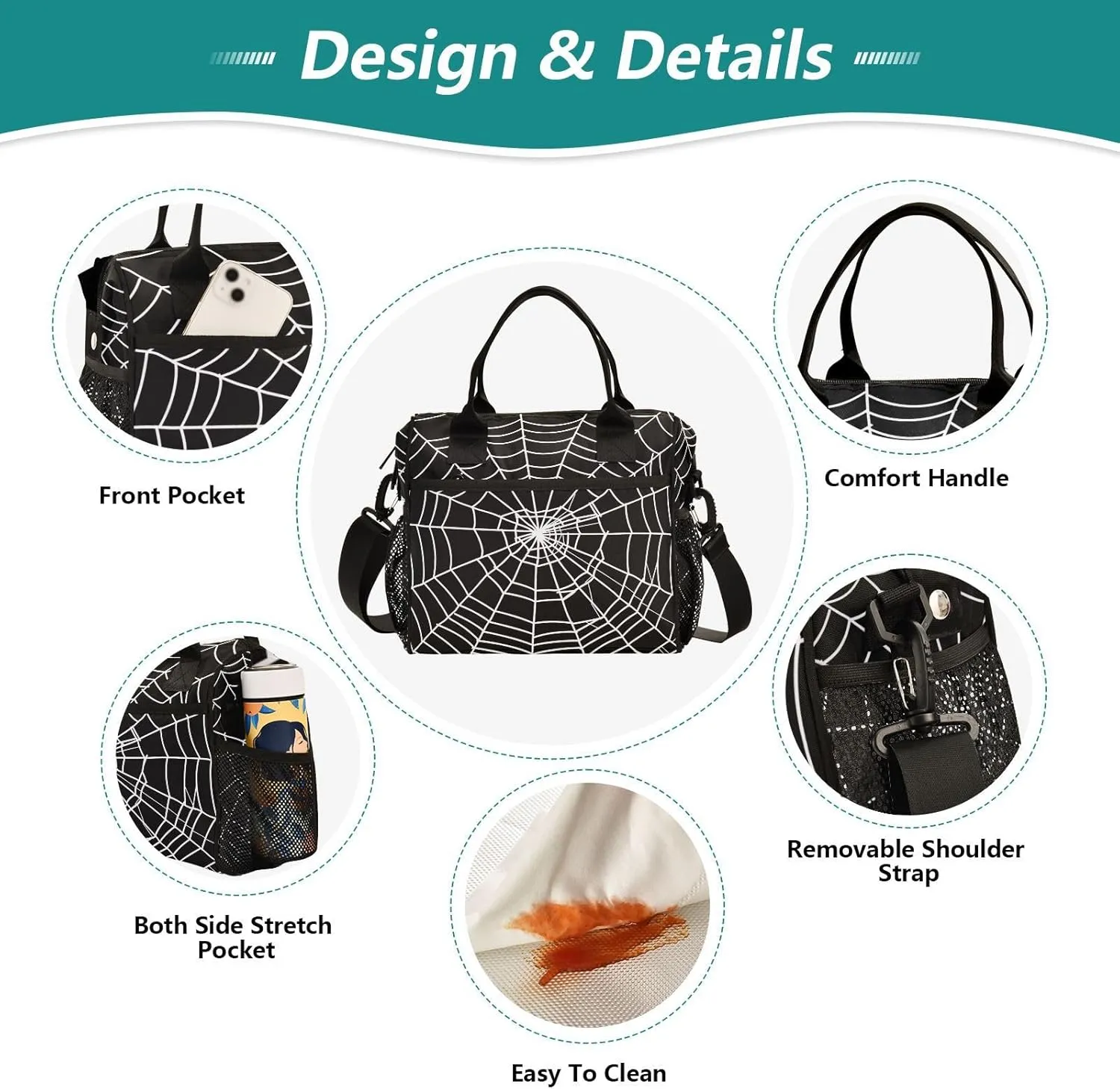 Goth Spider Web Lunch Bag Reusable Lunch Box for Men Women Adults, Insulated Cooler Tote Bag Container with Adjustable Shoulder Strap for Travel Office Picnic Hiking Beach Medium