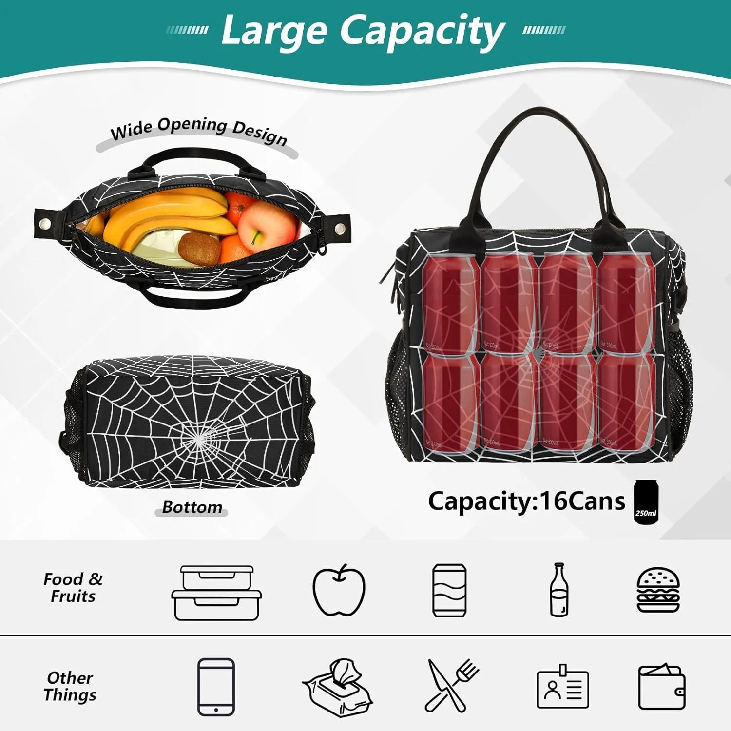 Goth Spider Web Lunch Bag Reusable Lunch Box for Men Women Adults, Insulated Cooler Tote Bag Container with Adjustable Shoulder Strap for Travel Office Picnic Hiking Beach Medium