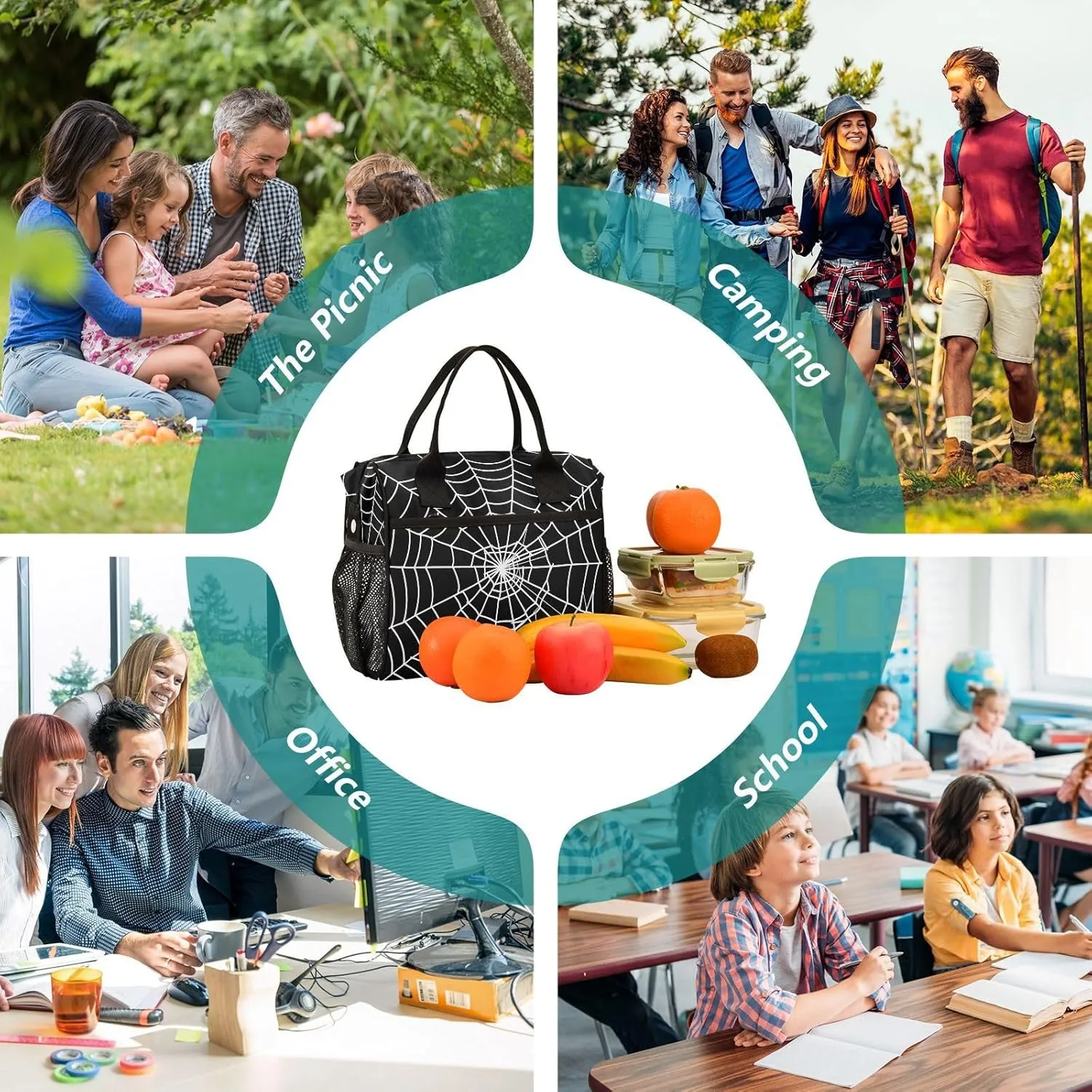 Goth Spider Web Lunch Bag Reusable Lunch Box for Men Women Adults, Insulated Cooler Tote Bag Container with Adjustable Shoulder Strap for Travel Office Picnic Hiking Beach Medium