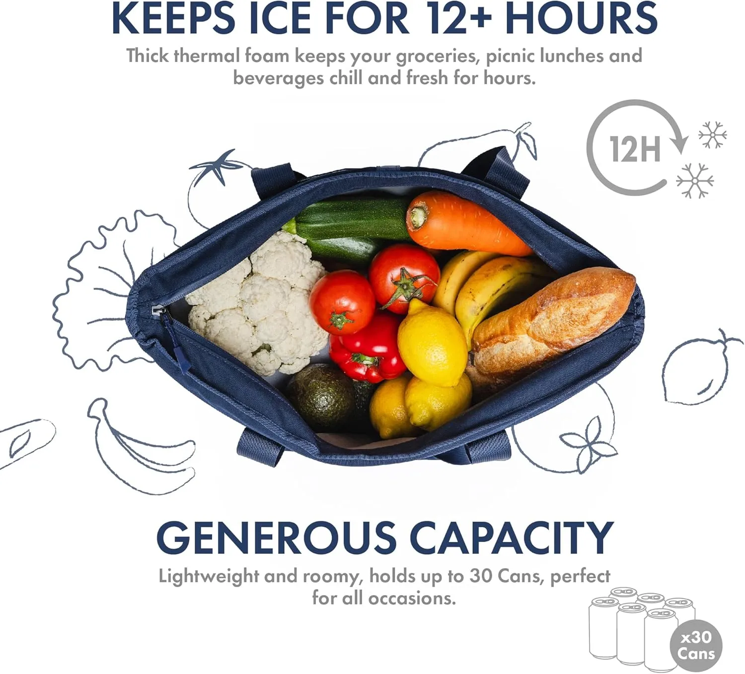 GRANDTIES Insulated Cooler Tote Bag 30 Can Large Capacity Durable Zipper Leakproof Outshell for Grocery Lunch Picnic Travel (Blue)