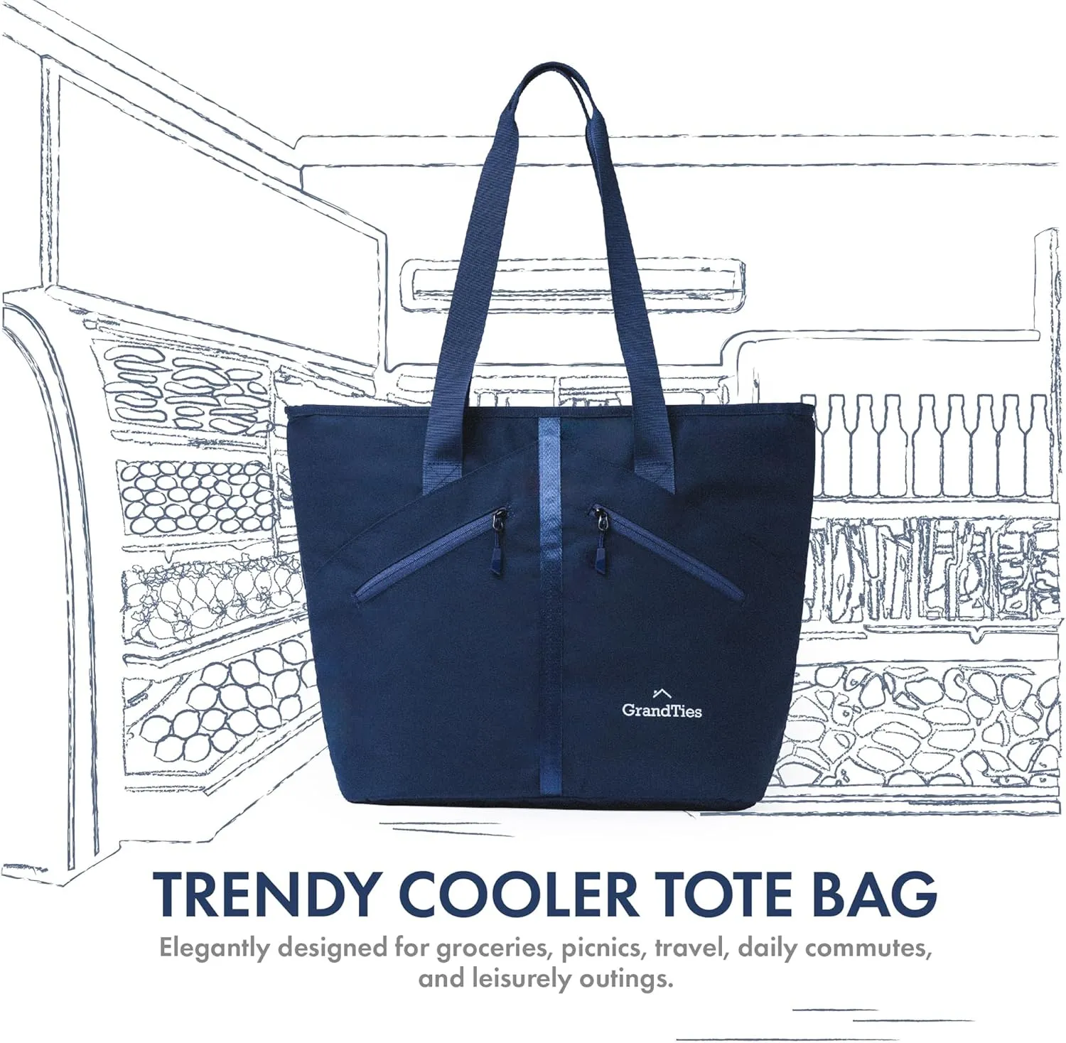 GRANDTIES Insulated Cooler Tote Bag 30 Can Large Capacity Durable Zipper Leakproof Outshell for Grocery Lunch Picnic Travel (Blue)