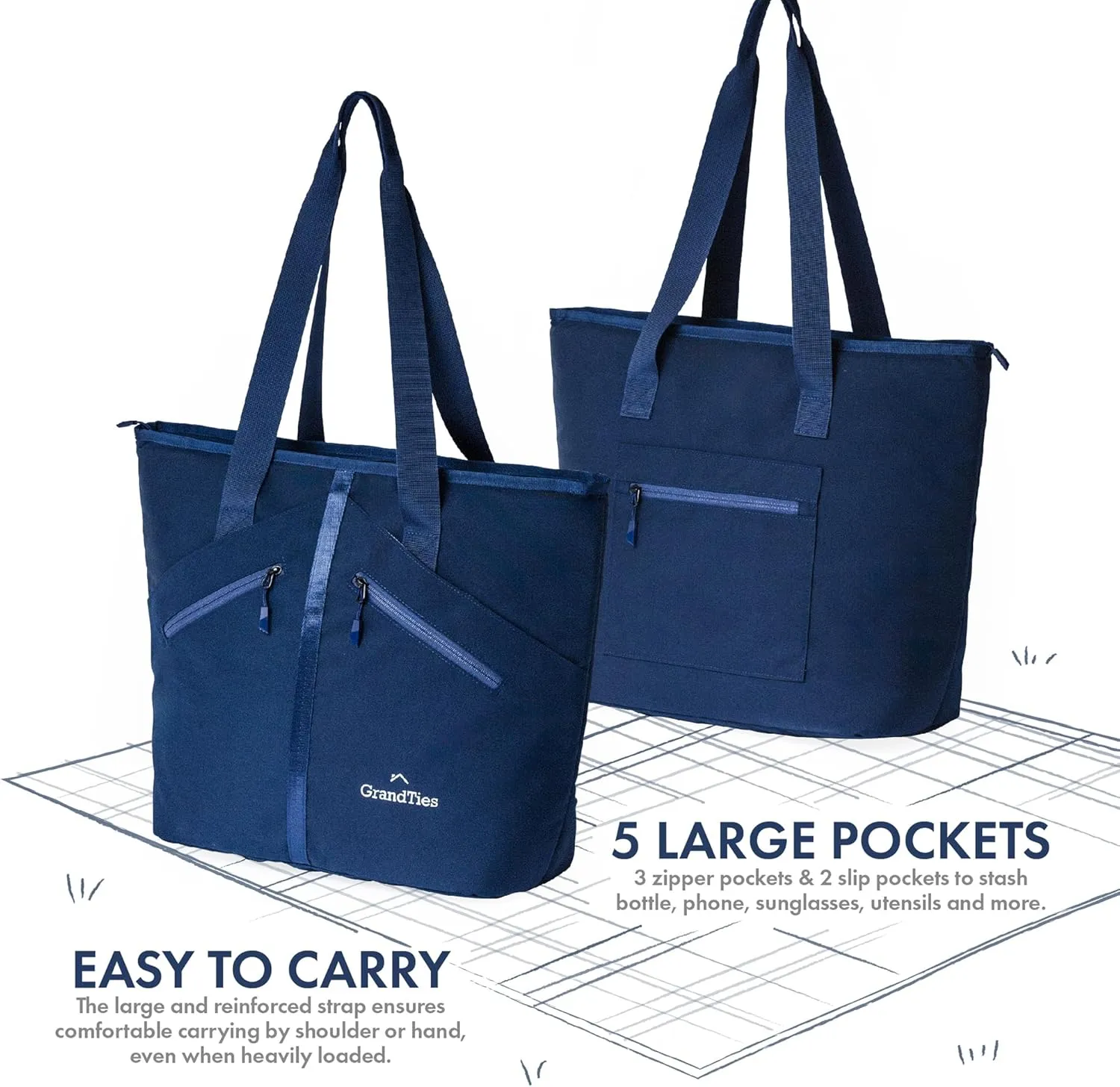 GRANDTIES Insulated Cooler Tote Bag 30 Can Large Capacity Durable Zipper Leakproof Outshell for Grocery Lunch Picnic Travel (Blue)