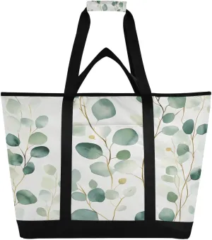 Green Leaves Reusable Insulated Lunchbox Cooler Bag, Leakproof Kitchen Grocery Bag Collapsible Portable Cooler Tote Bag for Picnic, Camping, Office, Travel