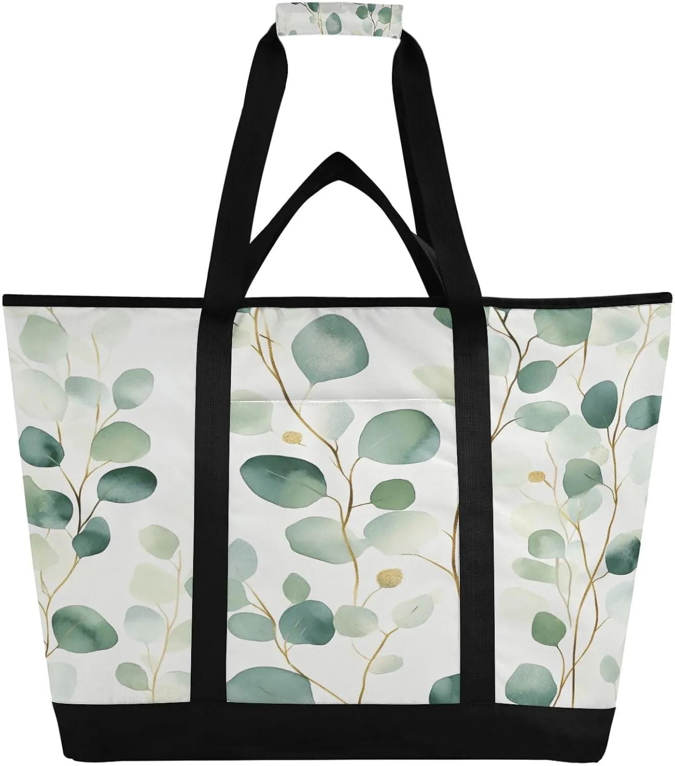 Green Leaves Reusable Insulated Lunchbox Cooler Bag, Leakproof Kitchen Grocery Bag Collapsible Portable Cooler Tote Bag for Picnic, Camping, Office, Travel