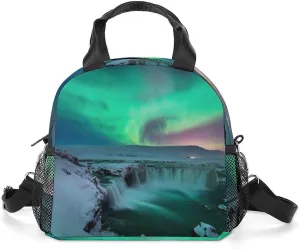 Green Northern Lights Portable Lunch Box Crossbody Bag Tote Insulated with Adjustable Strap Work Beach Picnic