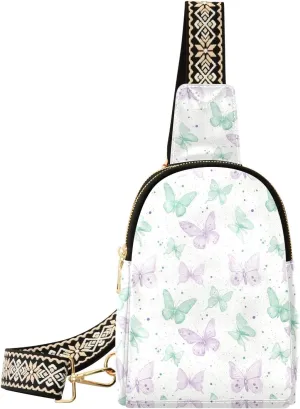 Green Purple Butterfly Compact Fashion Daypack Full-Print PU Leather Crossbody Bag with Card Pocket & Adjustable Strap for Women on the Go Festivals Travel & Hikes