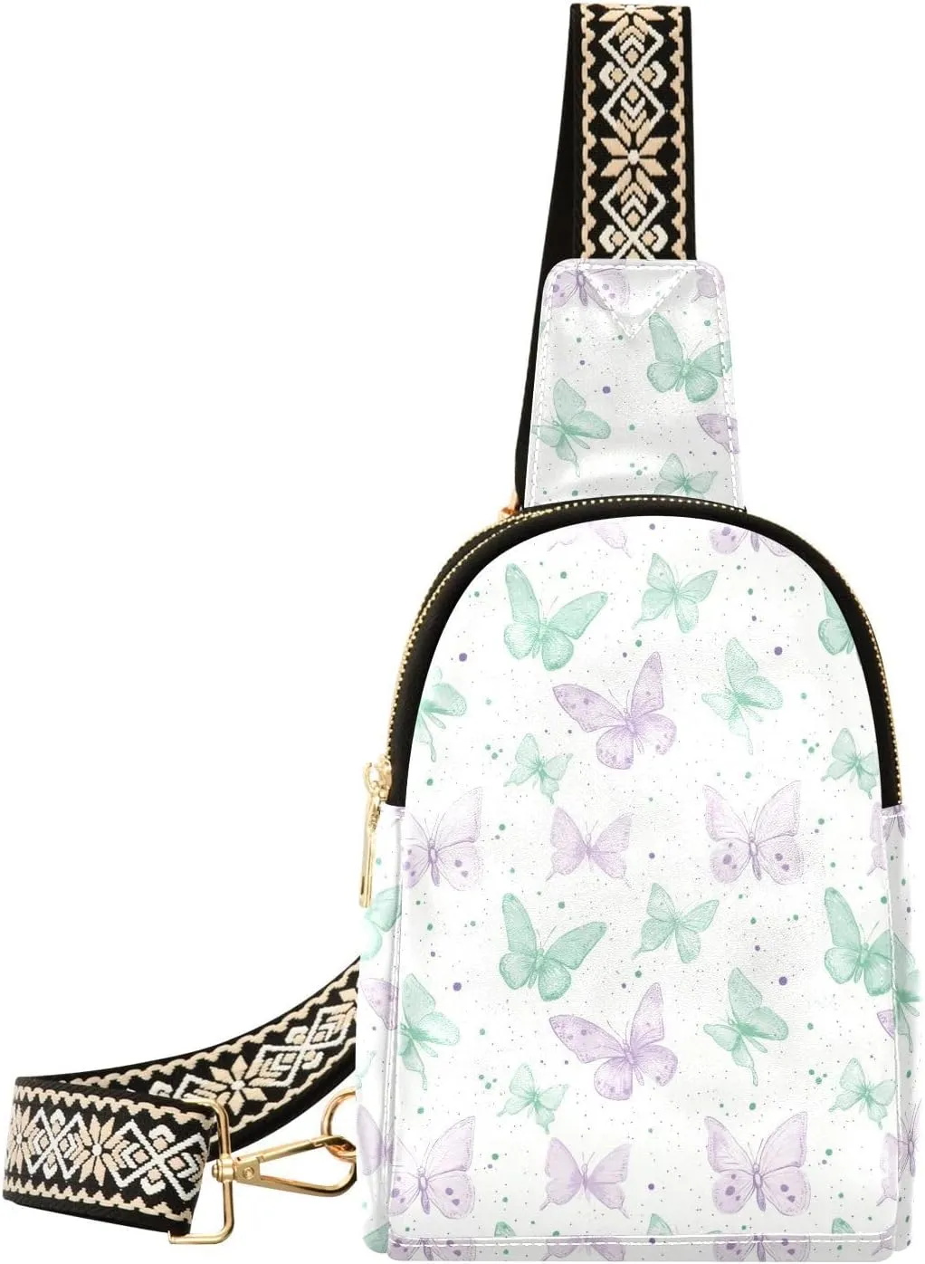 Green Purple Butterfly Compact Fashion Daypack Full-Print PU Leather Crossbody Bag with Card Pocket & Adjustable Strap for Women on the Go Festivals Travel & Hikes