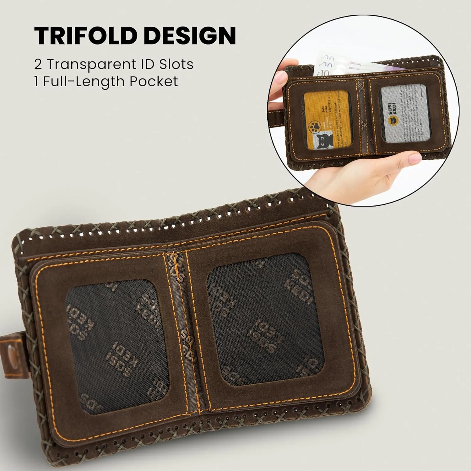 Grehge Vegan Leather Purse for Women, Ladies Trifold Coin Zipper Wallet with 12 Card Slots and 2 ID Window Card Holder Organiser, Travel Wallet for Women, Casual Design Gift for Womens