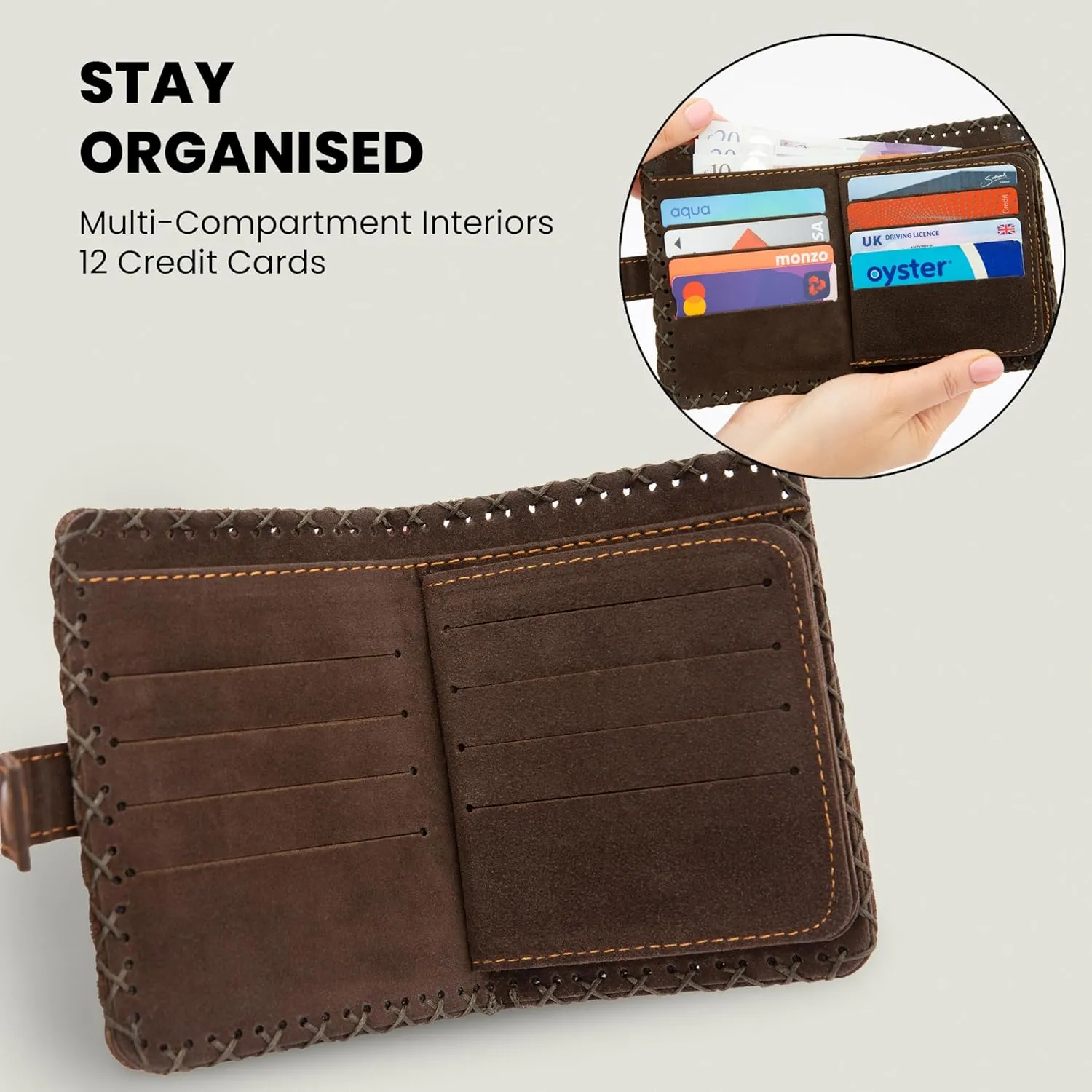 Grehge Vegan Leather Purse for Women, Ladies Trifold Coin Zipper Wallet with 12 Card Slots and 2 ID Window Card Holder Organiser, Travel Wallet for Women, Casual Design Gift for Womens