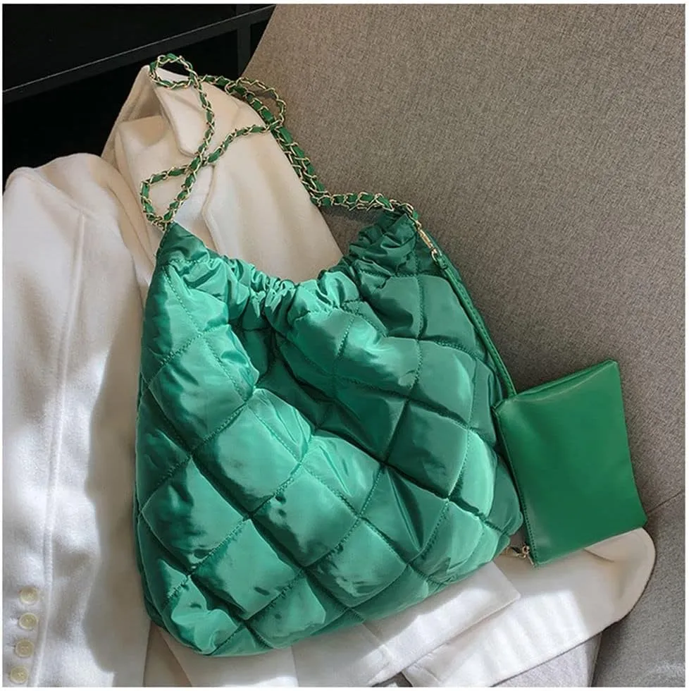 GRPKSSIB Women's Puffer Bag Quilted Shoulder Bag Nylon Tote bag Puffy Handbag Chain Straps with Coin Purse 2 in 1