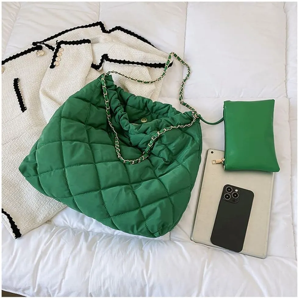 GRPKSSIB Women's Puffer Bag Quilted Shoulder Bag Nylon Tote bag Puffy Handbag Chain Straps with Coin Purse 2 in 1