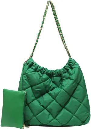 GRPKSSIB Women's Puffer Bag Quilted Shoulder Bag Nylon Tote bag Puffy Handbag Chain Straps with Coin Purse 2 in 1