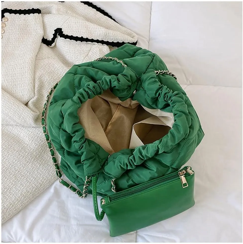 GRPKSSIB Women's Puffer Bag Quilted Shoulder Bag Nylon Tote bag Puffy Handbag Chain Straps with Coin Purse 2 in 1