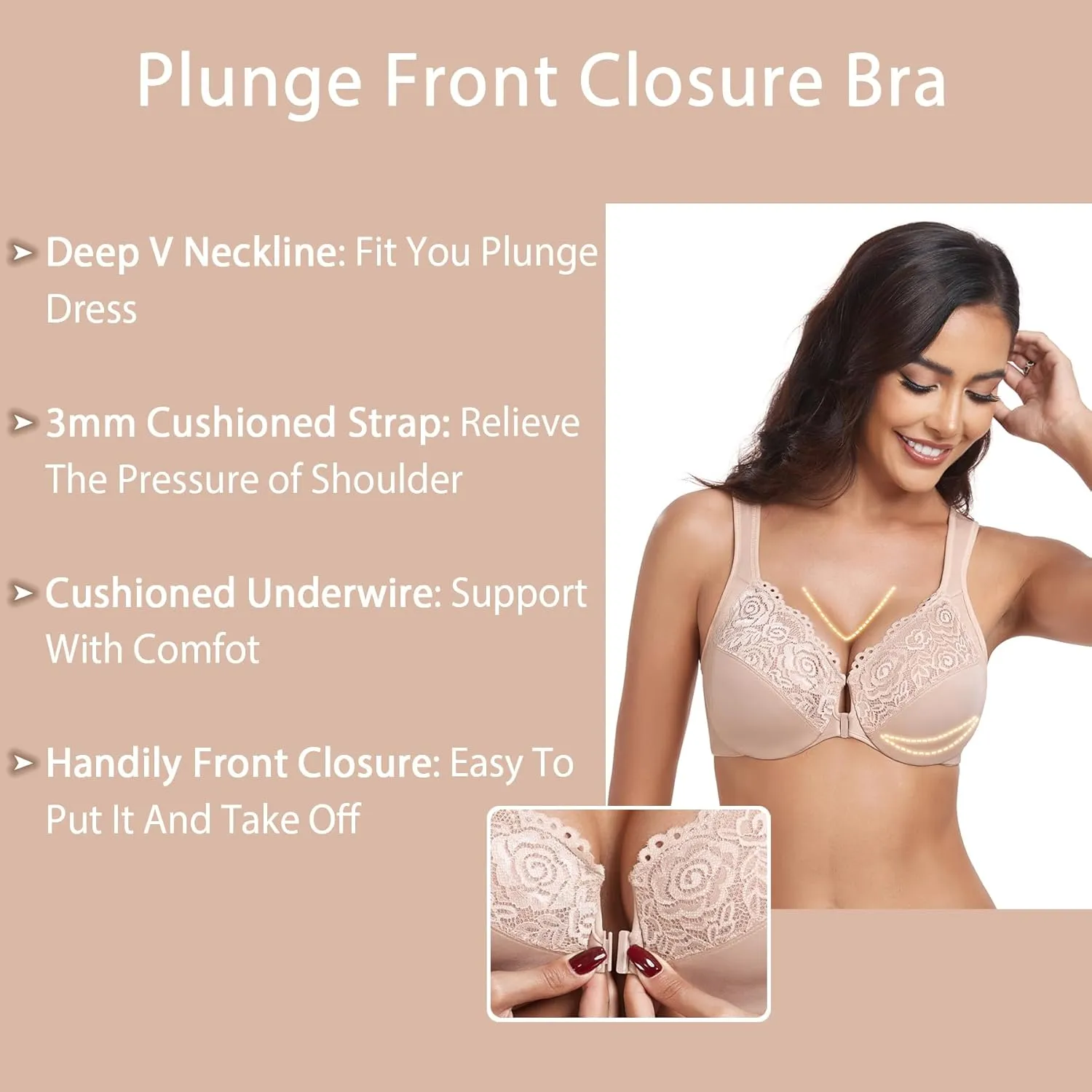 HACI Women's Front Closure Bra Underwire Unpadded Plus Size Full Coverage T-Shirt