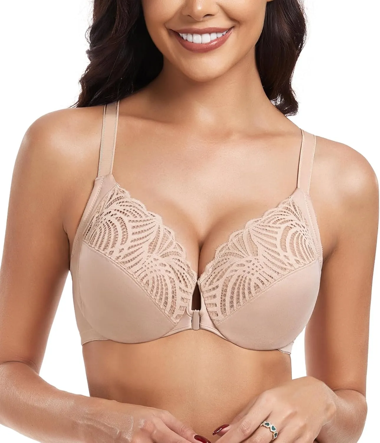 HACI Women's Front Closure Bra Underwire Unpadded T-Back Plus Size Lacy Full Coverage Racerback T-Shirt Unlined