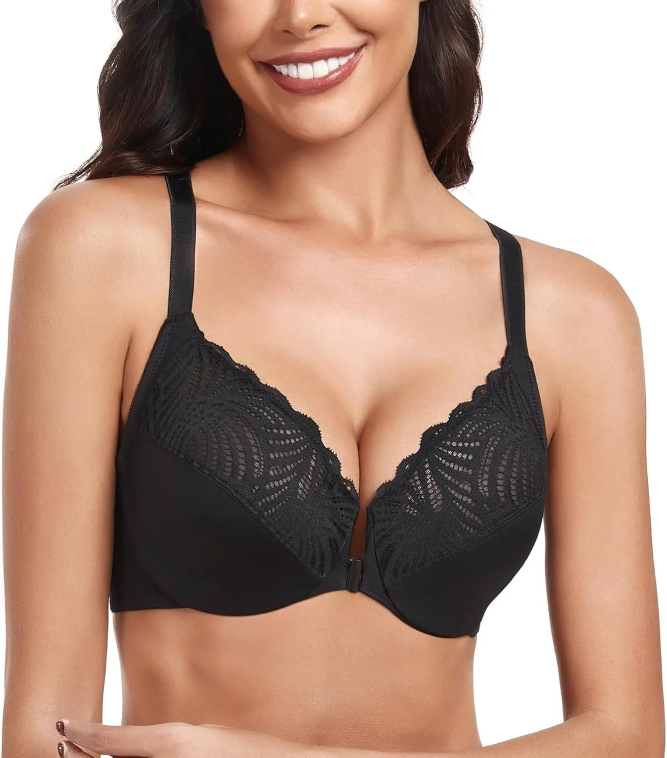 HACI Women's Front Closure Bra Underwire Unpadded T-Back Plus Size Lacy Full Coverage Racerback T-Shirt Unlined