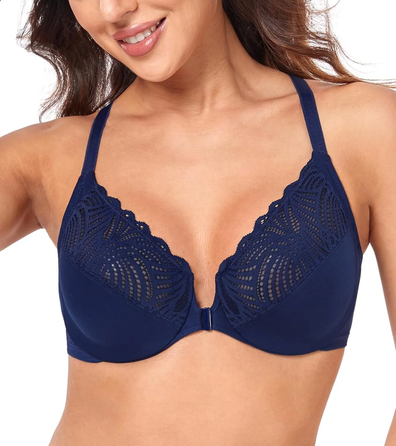 HACI Women's Front Closure Bra Underwire Unpadded T-Back Plus Size Lacy Full Coverage Racerback T-Shirt Unlined