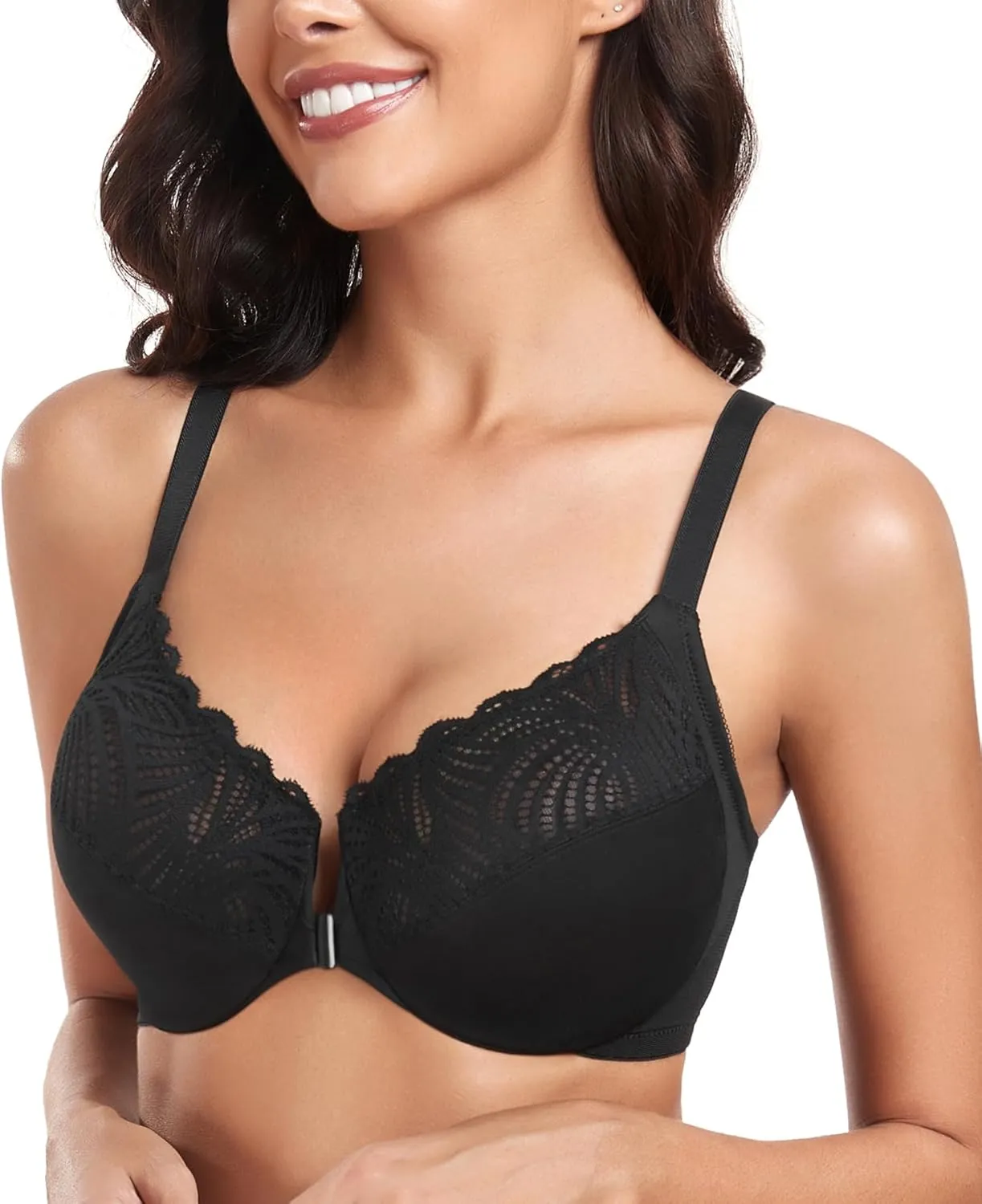 HACI Women's Front Closure Bra Underwire Unpadded T-Back Plus Size Lacy Full Coverage Racerback T-Shirt Unlined