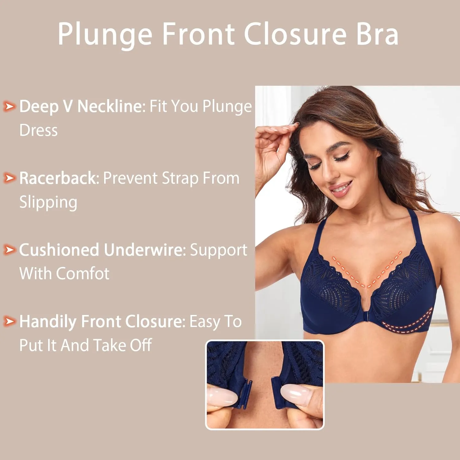 HACI Women's Front Closure Bra Underwire Unpadded T-Back Plus Size Lacy Full Coverage Racerback T-Shirt Unlined