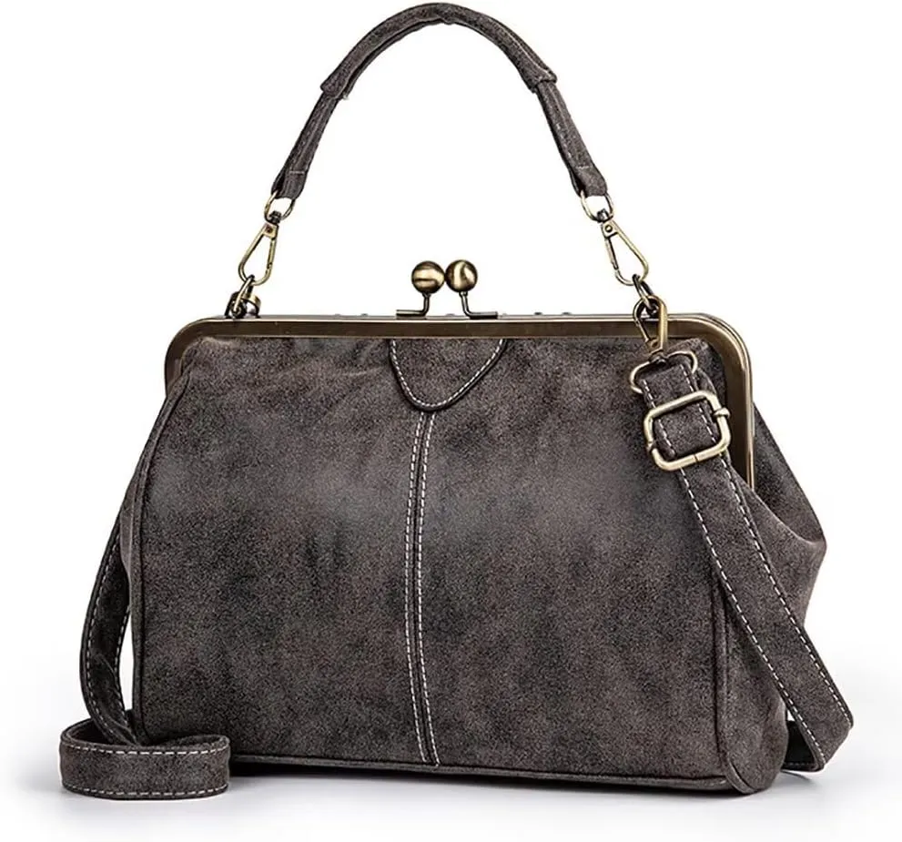 Handbag for Women Leather Shoulder Bag Kiss Lock Top Handle Satchel Purse Vintage Crossbody Bag Evening Clutch Purses