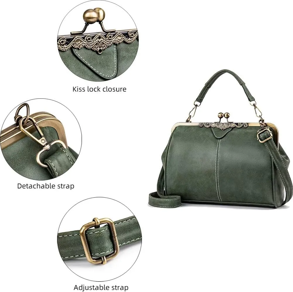 Handbag for Women Leather Shoulder Bag Kiss Lock Top Handle Satchel Purse Vintage Crossbody Bag Evening Clutch Purses