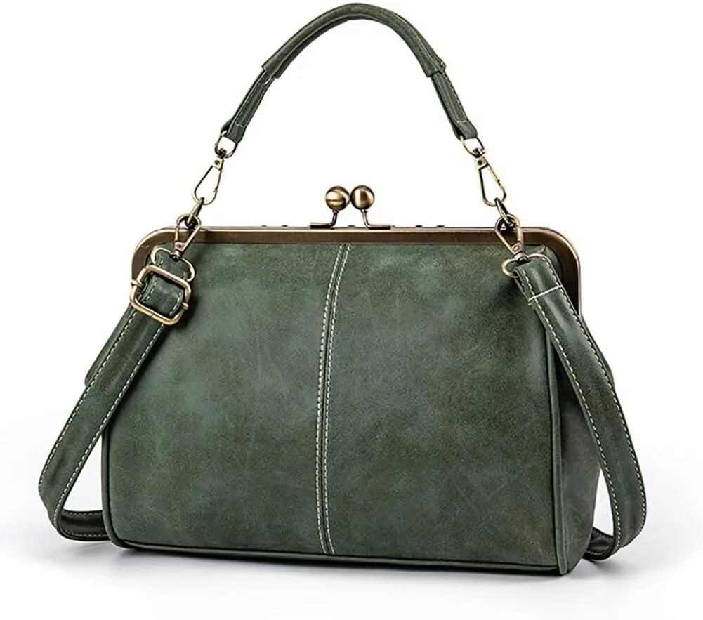 Handbag for Women Leather Shoulder Bag Kiss Lock Top Handle Satchel Purse Vintage Crossbody Bag Evening Clutch Purses