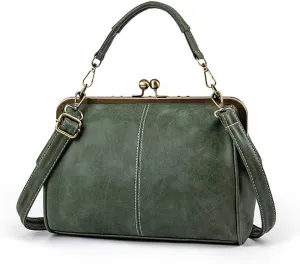 Handbag for Women Leather Shoulder Bag Kiss Lock Top Handle Satchel Purse Vintage Crossbody Bag Evening Clutch Purses