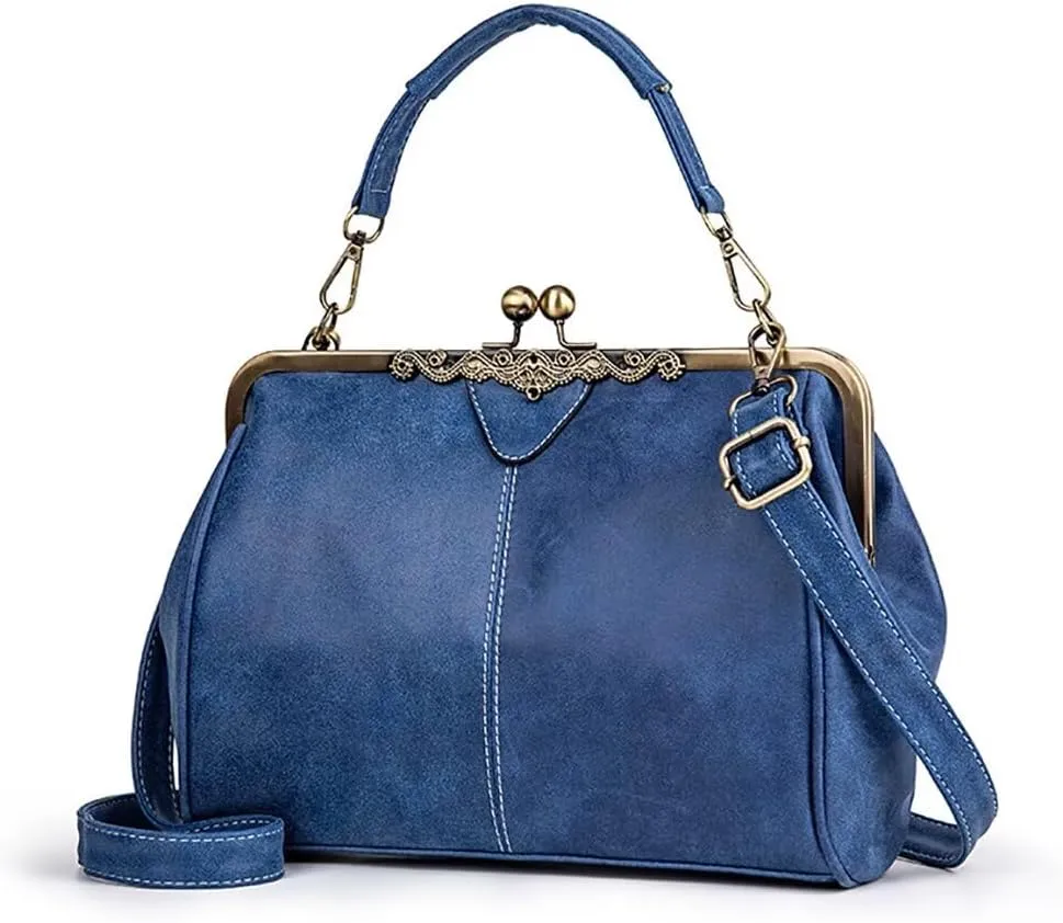 Handbag for Women Leather Shoulder Bag Kiss Lock Top Handle Satchel Purse Vintage Crossbody Bag Evening Clutch Purses