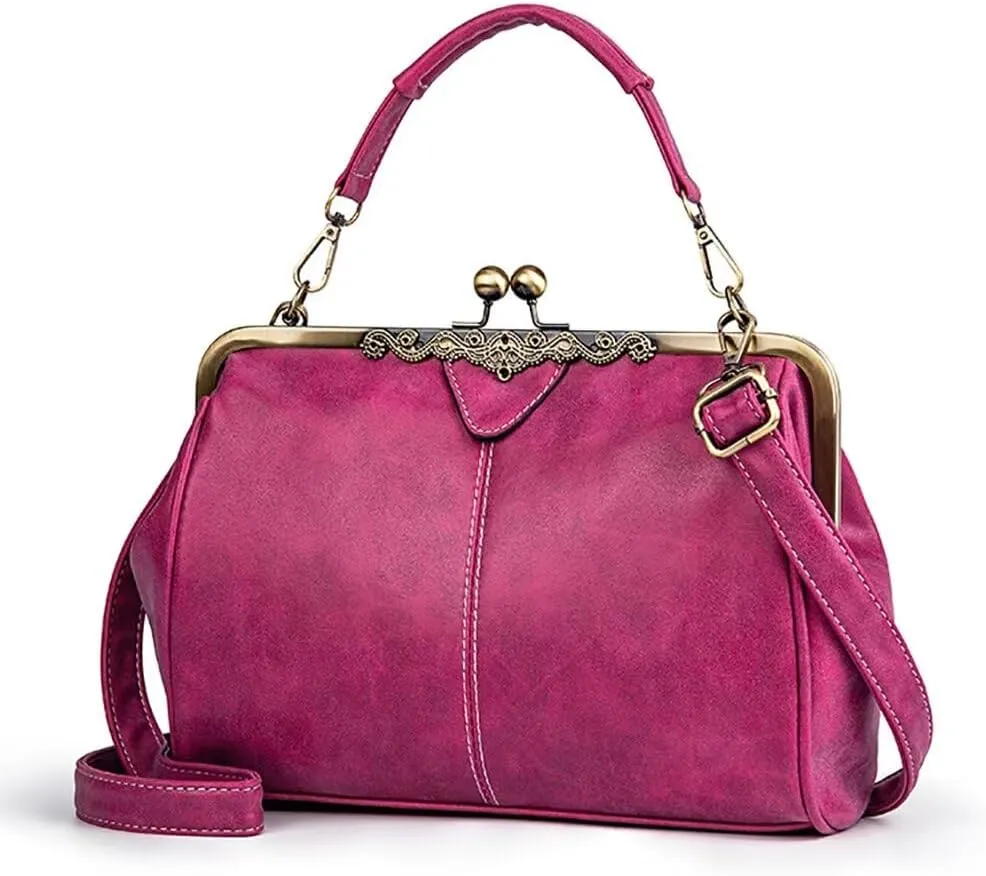 Handbag for Women Leather Shoulder Bag Kiss Lock Top Handle Satchel Purse Vintage Crossbody Bag Evening Clutch Purses