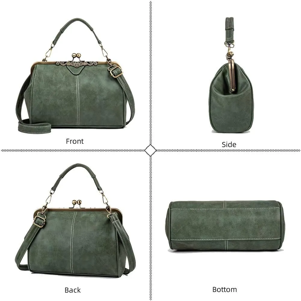 Handbag for Women Leather Shoulder Bag Kiss Lock Top Handle Satchel Purse Vintage Crossbody Bag Evening Clutch Purses