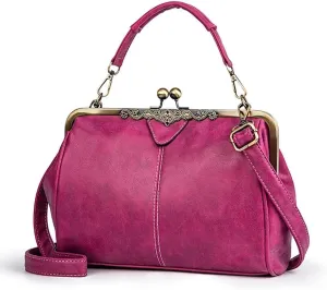 Handbag for Women Leather Shoulder Bag Kiss Lock Top Handle Satchel Purse Vintage Crossbody Bag Evening Clutch Purses