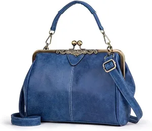 Handbag for Women Leather Shoulder Bag Kiss Lock Top Handle Satchel Purse Vintage Crossbody Bag Evening Clutch Purses
