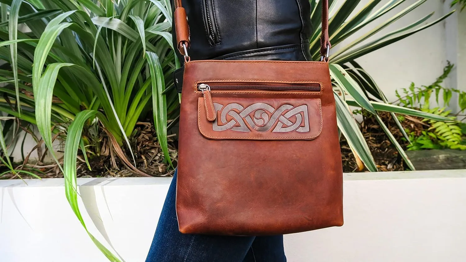 Handmade 100% Genuine Leather Crossbody Travel Handbag for Women, Embossed Irish Celtic Knot, Imported, Handmade in Ireland