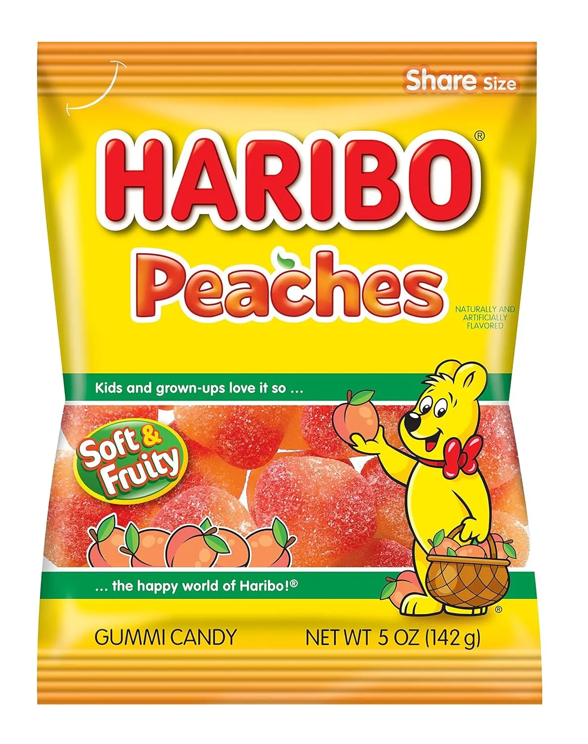 HARIBO Gummi Candy, Peaches Gummy Candy, 5 Ounce Share Size Bags (Pack of 12) Delicious Soft & Chewy Sweet Snacks, Fruity Peach Flavor