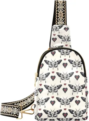 Heart Moth Compact Fashion Daypack Full-Print PU Leather Crossbody Bag with Card Pocket & Adjustable Strap for Women on the Go Festivals Travel & Hikes