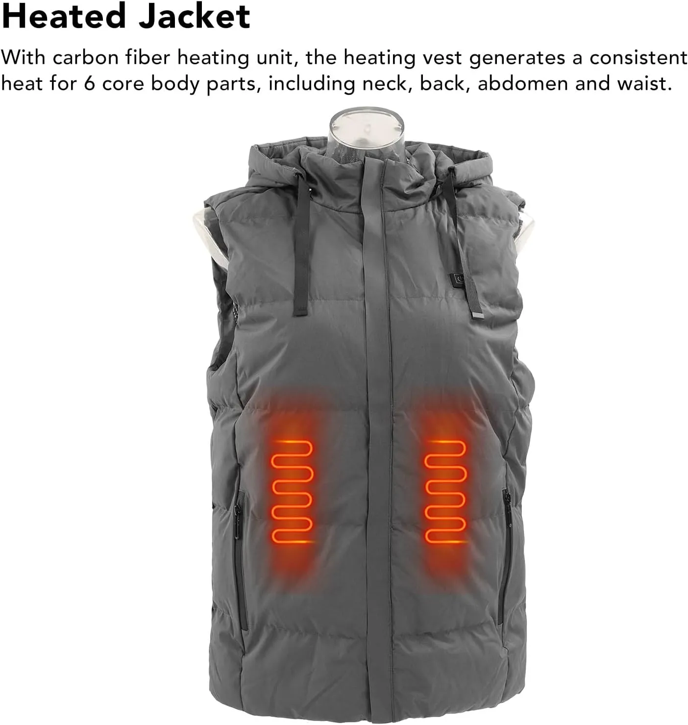 Heated Hooded Vest, Fast Warmer Up Jacket 7 Areas Carbon Fiber Constant Temperature USB Port for Outdoor Skiing