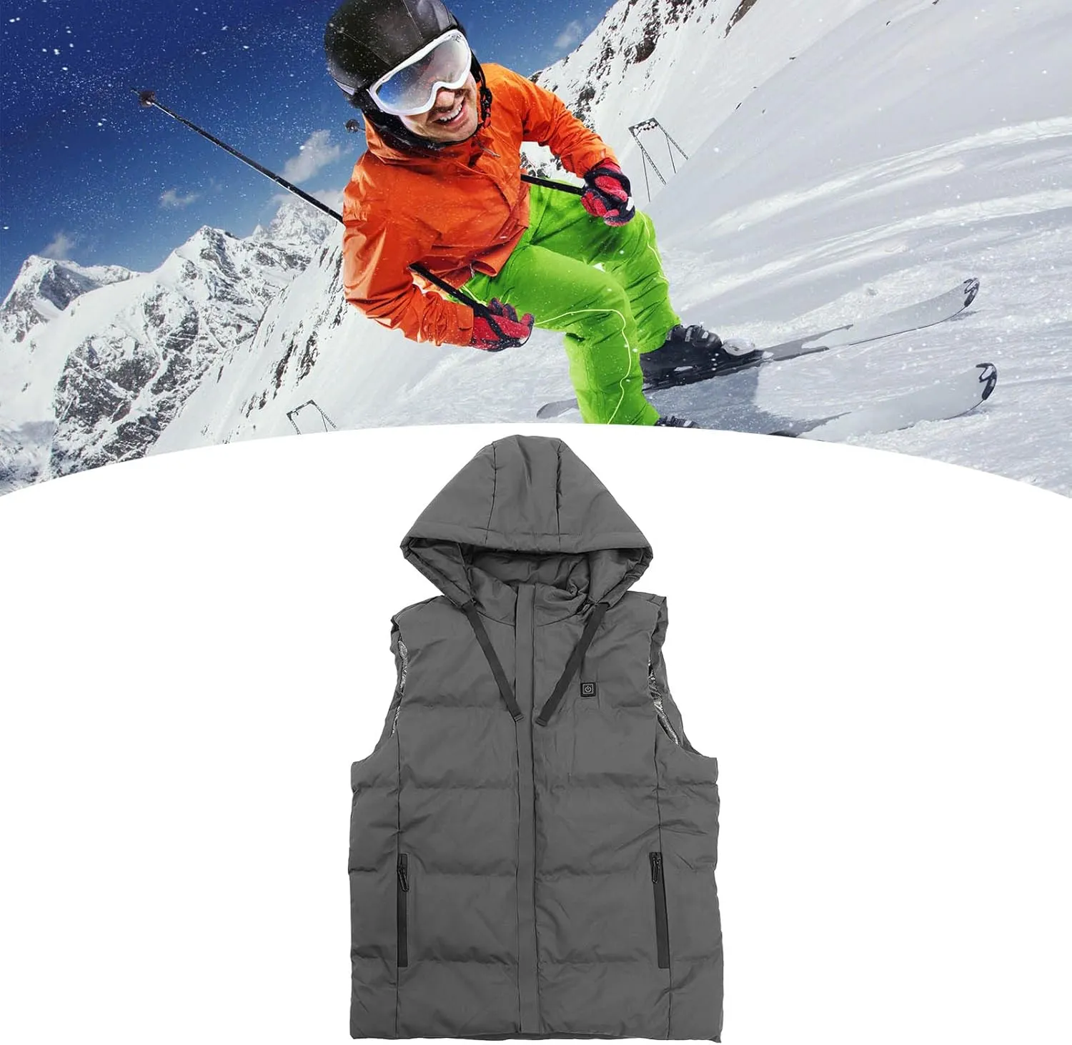 Heated Hooded Vest, Fast Warmer Up Jacket 7 Areas Carbon Fiber Constant Temperature USB Port for Outdoor Skiing