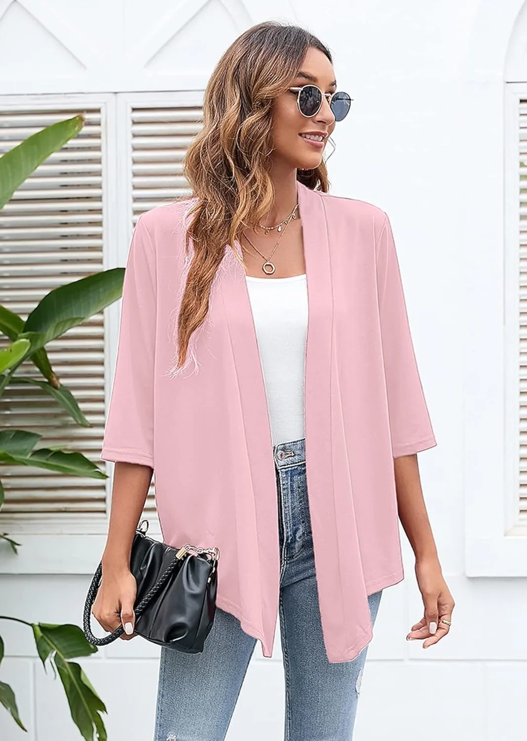 Heymoments Women's Lightweight Open Front Cardigans 3/4 Sleeve Casual Soft Drape Fall Cardigan S-2XL