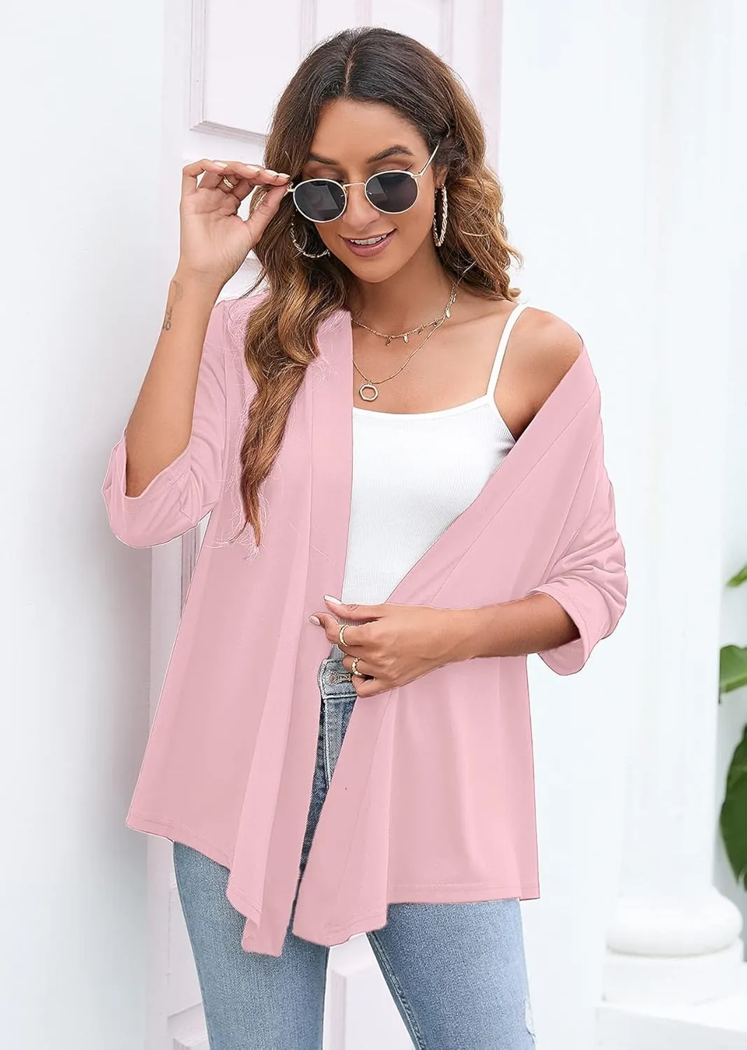 Heymoments Women's Lightweight Open Front Cardigans 3/4 Sleeve Casual Soft Drape Fall Cardigan S-2XL